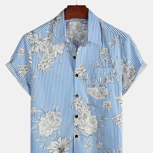 Men's Striped & Floral Print Short Sleeve Hawaiian Pocket Shirt - Picture 1 of 4